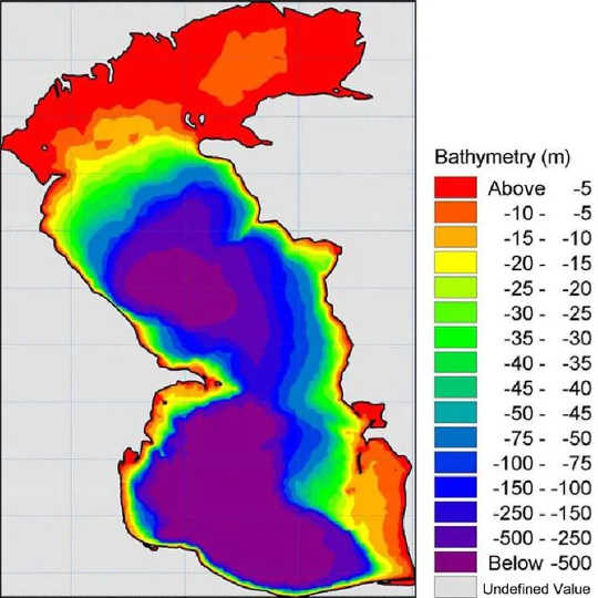 Depth map of the Caspian Sea: the areas in red and yellow may disappear entirely.