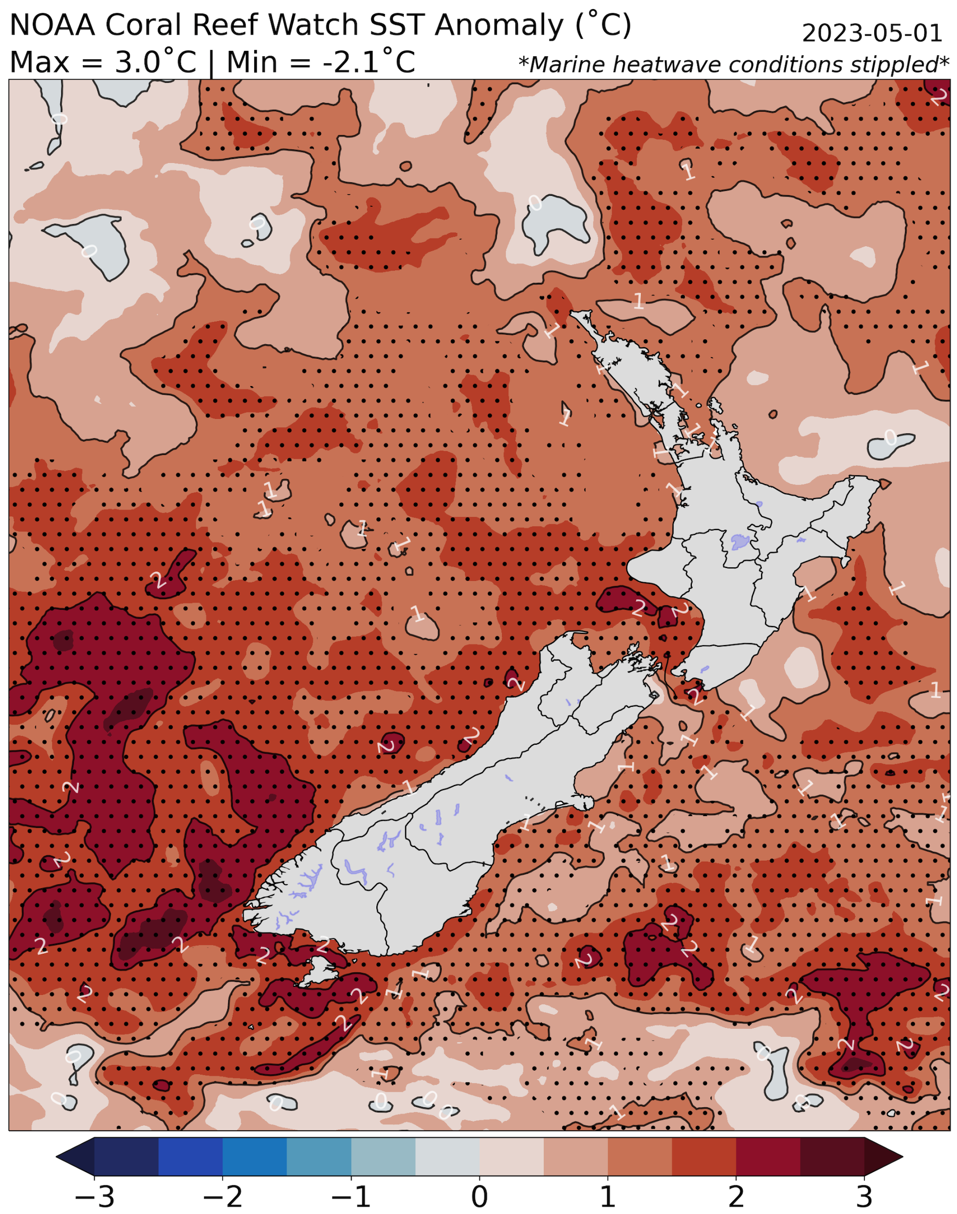 A map showing surface temperatures around Aotearoa for May 1, 2023, with stippled areas marking marine heatwaves.