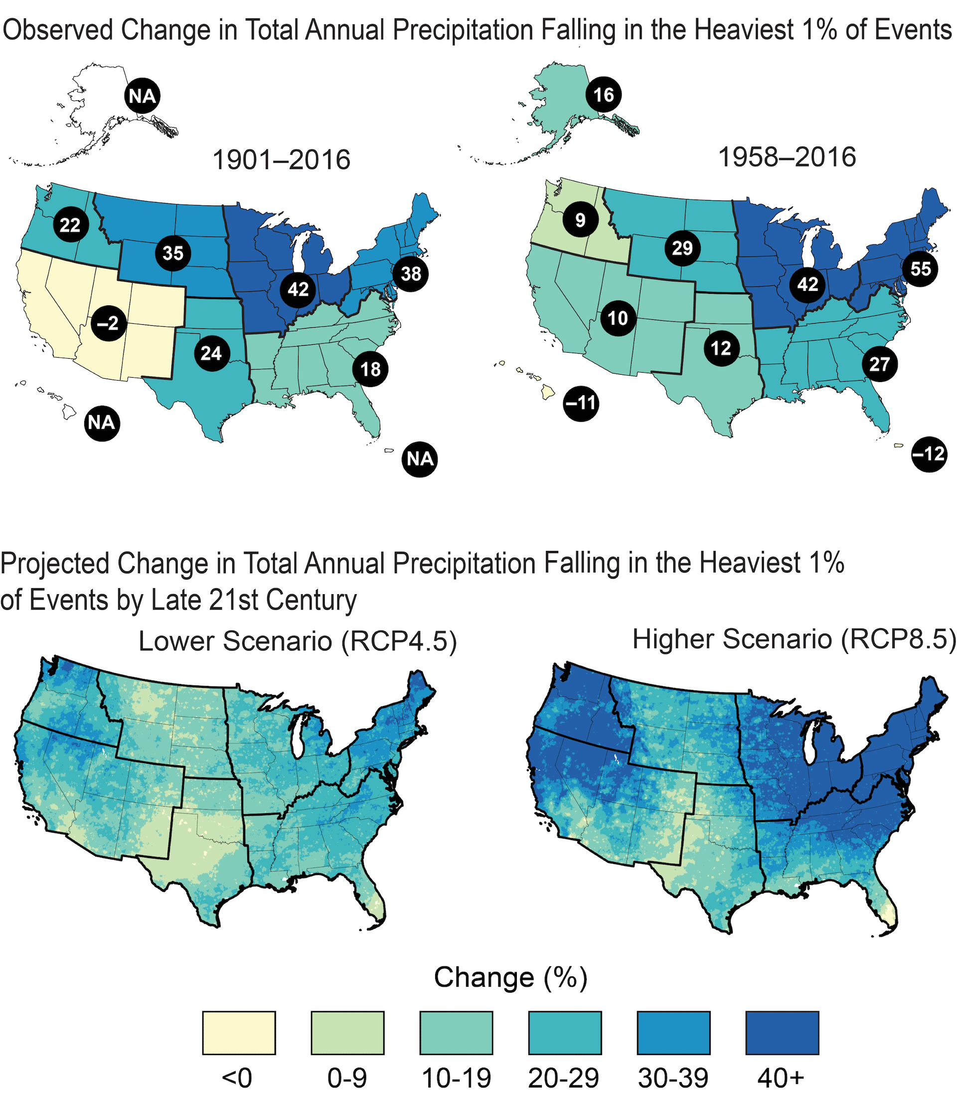 Four maps show how risk of extreme precipitation increased in some regions, particularly the Northeast, and projections of increasing rainfall in the East in the coming decades.